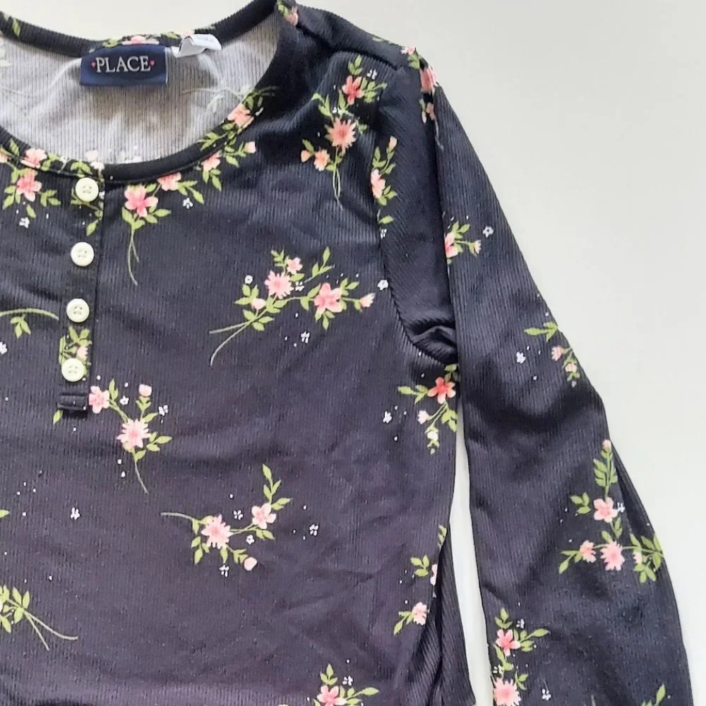 The Children's Place Girls Top Long Sleeve Black Pink Floral Knotted Front Sz 10